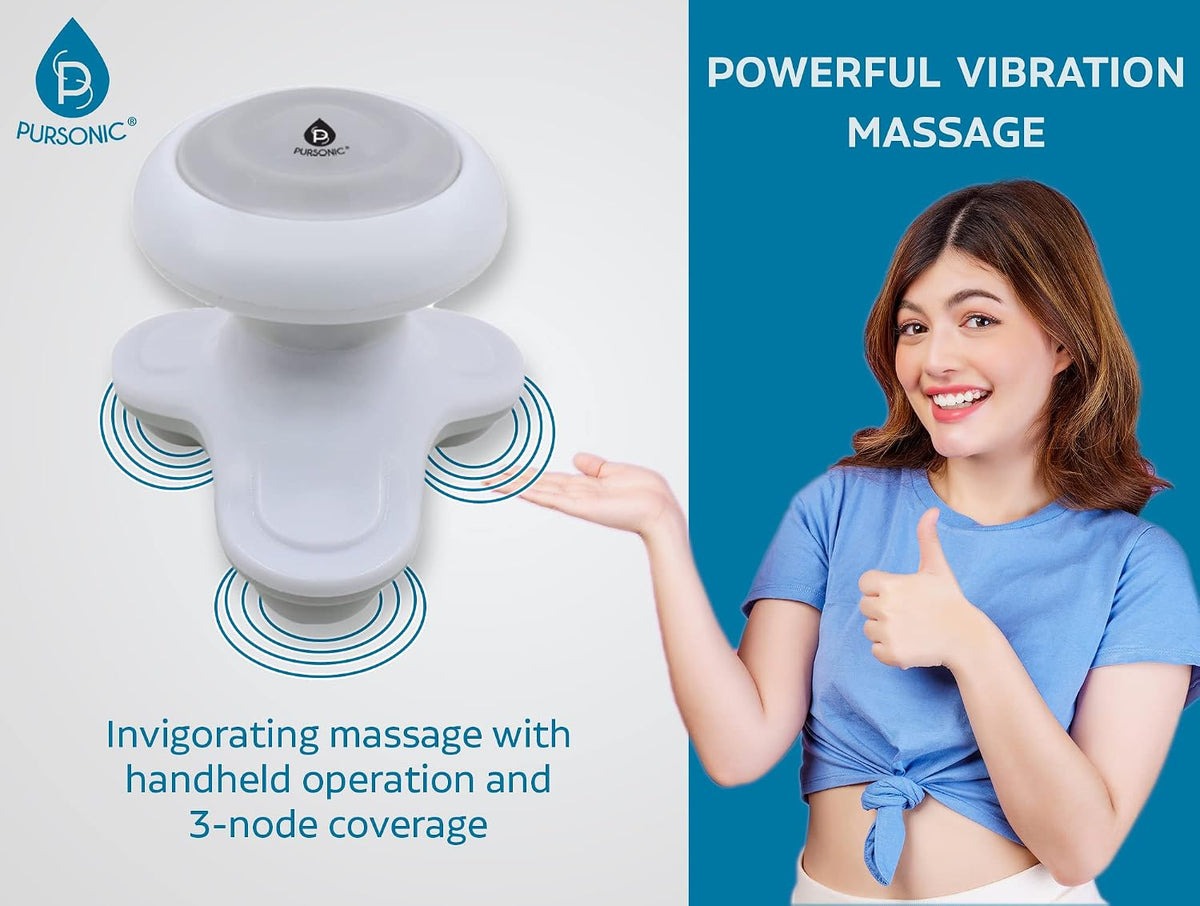 Pursonic Handheld Sport Massager Mini Portable for Hand, Head, Neck, Back, Legs & Arms Pain Relief Easy Grip Handle, 3 Vibrating Massage Modes (White)