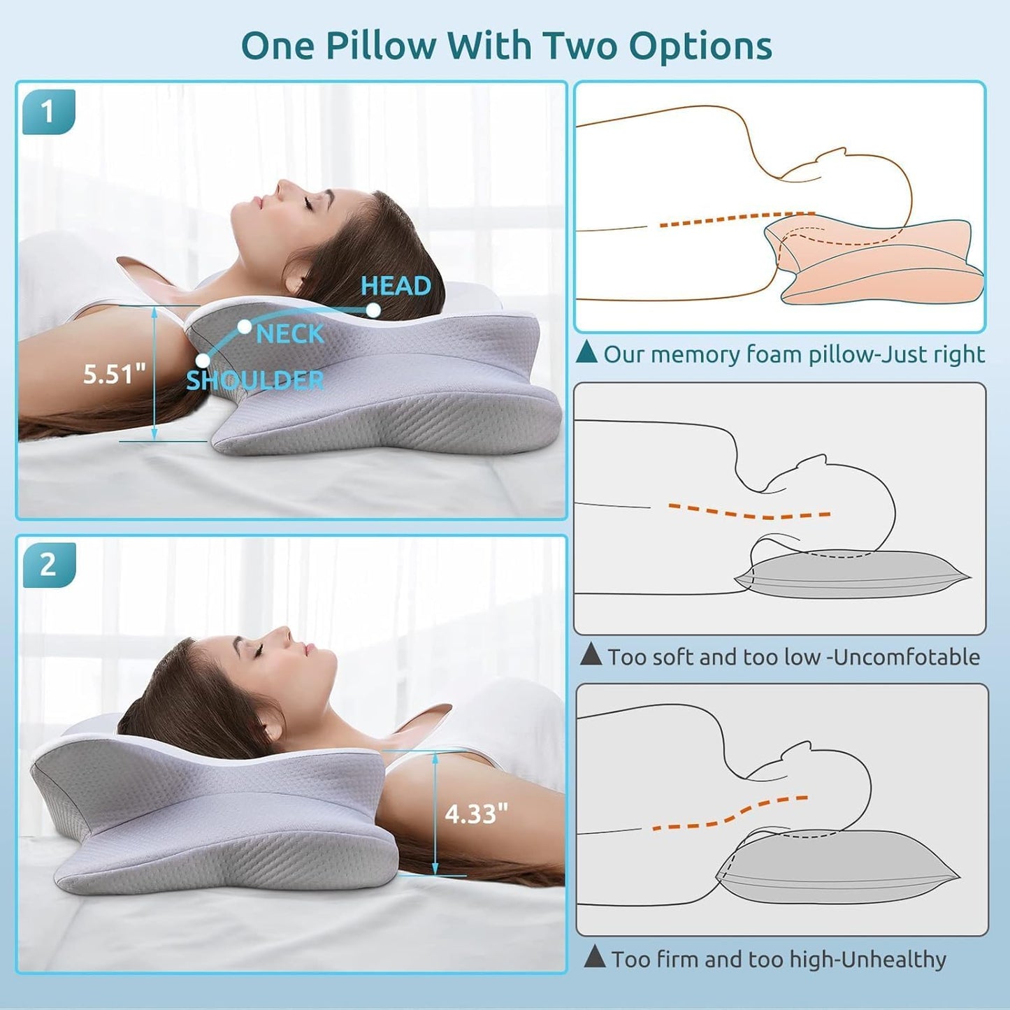 DONAMA Contour Cervical Neck Pillow for Neck Pain Relief | Queen,Ergonomic Dual-Height,Odorless Memory Foam,Side/Back/Stomach Sleepers,Cooling Hypoallergenic Cover,OEKO-TEX Certified
