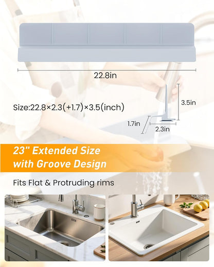 Sink Splash Guard 18" 23" 30" Silicone Water Guard with Strong Suction Cups, Faucet & Countertop Protector, Bathroom & Sink Edge Splash Guard Strip, Dishwasher Safe-Grey 18"