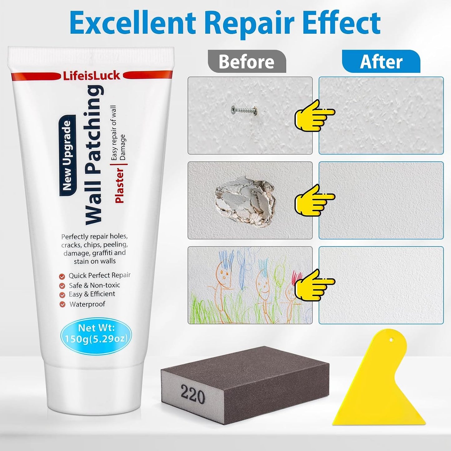 Drywall Repair Kit, Drywall Patch Repair Kit with 8.8OZ White Wall Repair Putty, Scraper Sandpapers Gloves for Heavy Duty Plaster Wall Repair, Easy to Fill Holes in Home Wall & Quick Repair Crack