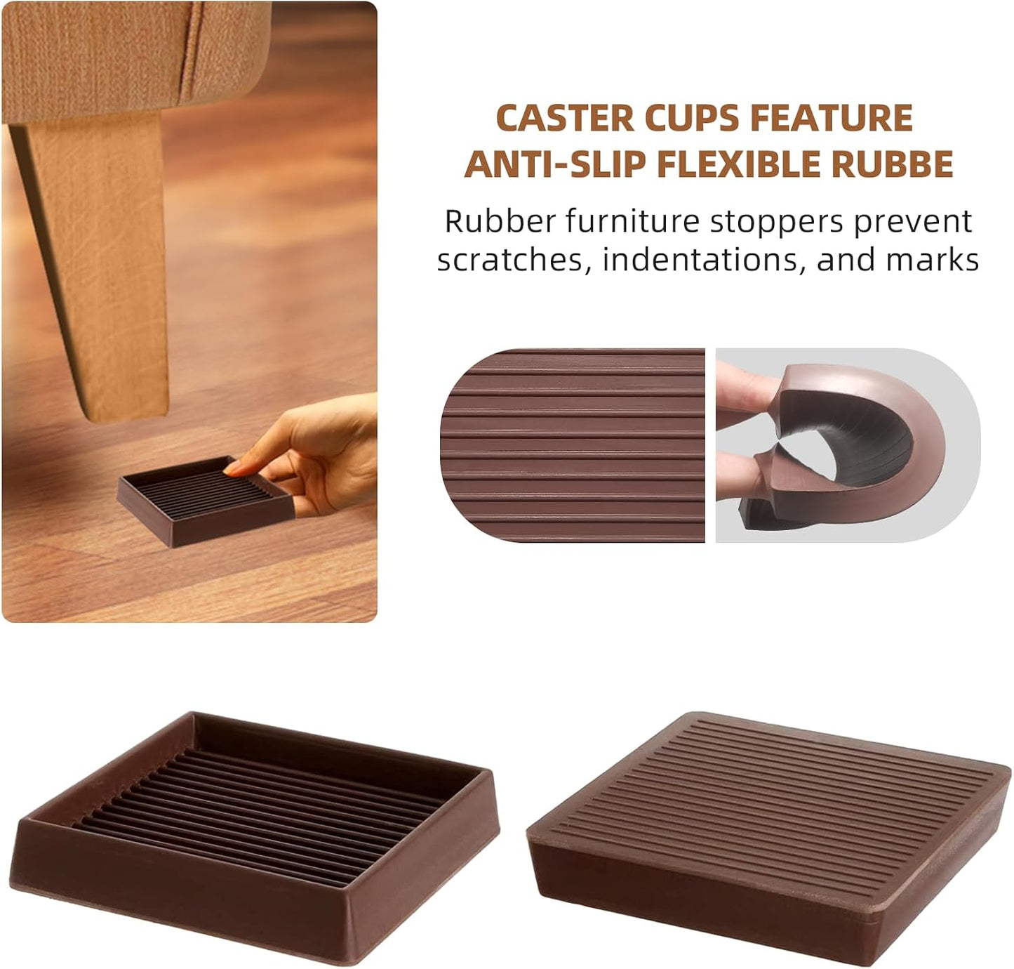 CalPalmy Non-Slip Furniture Pads - Set of 8 Brown 5x5 Square Rubber Anti-Skid Caster Cups for Couch, Chair, Bed, and Furniture Legs - Durable Floor Grip Coasters to Prevent Sliding