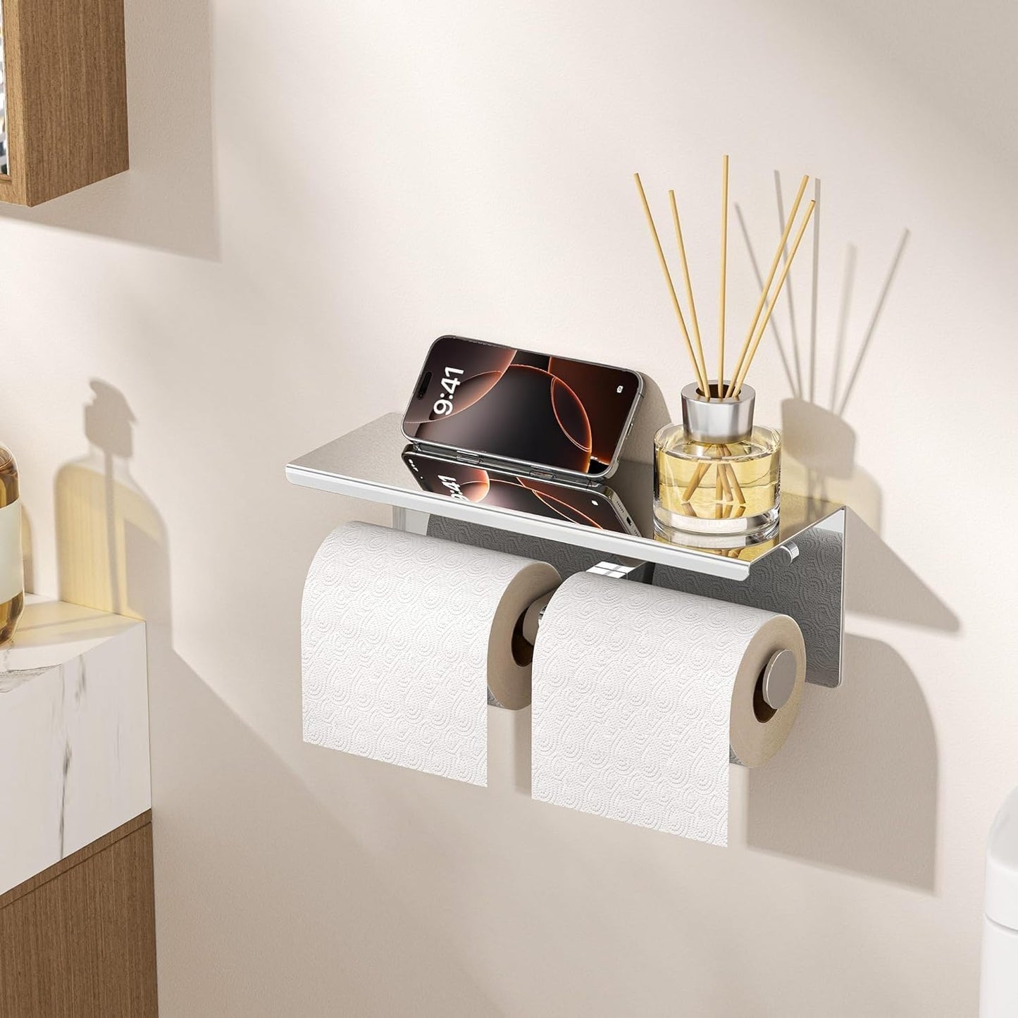 FORIOUS Toilet Paper Holder with Shelf, Commercial Toilet Paper Dispensers | Brushed Nickel | Wall Mount Bathroom Tissue Holder | SUS304 Stainless Steel Rustproof | Double Tissue Roll Holder