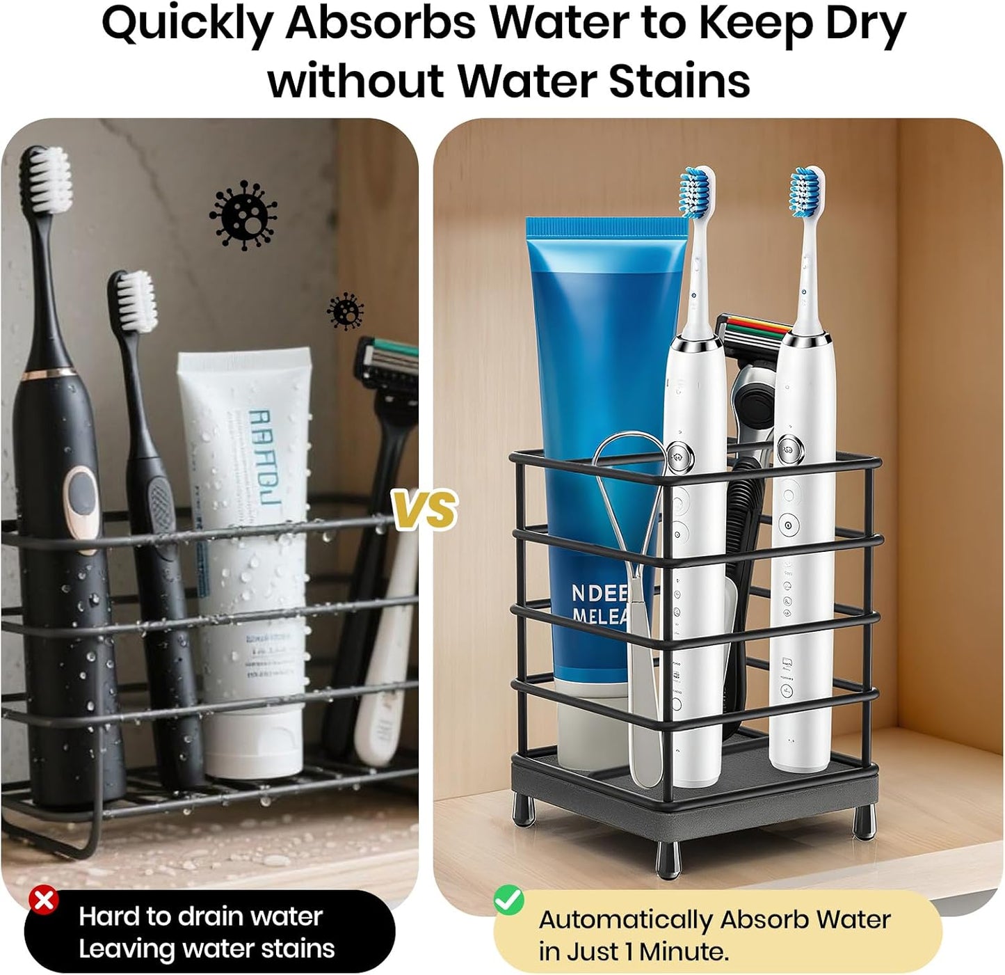 Toothbrush Holder with Quick Drying Mat—Toothbrush and Toothpaste Holders for Bathrooms—5 Slots Openwork Design Black Toothbrush Holder Set,Bathroom Counter Organizer for Electric Toothbrush