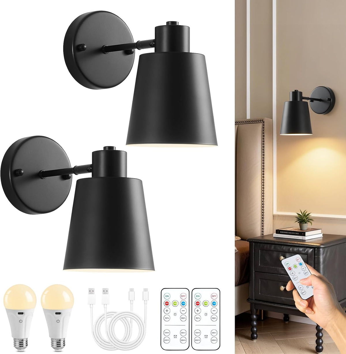 Gold Battery Operated Wall Sconces Set of Two with Remote, Rechargeable Battery Powered Wall Lights, 3 Color Temperature, Dimmable, Modern Wireless Wall Lamps for Bedroom Living Room Hallway
