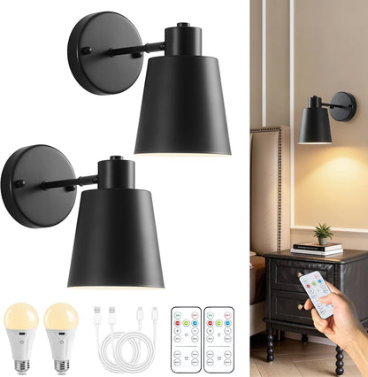 Gold Battery Operated Wall Sconces Set of Two with Remote, Rechargeable Battery Powered Wall Lights, 3 Color Temperature, Dimmable, Modern Wireless Wall Lamps for Bedroom Living Room Hallway