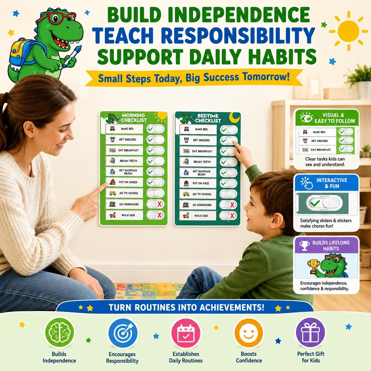 2 in 1 Upgraded Slider Morning/Bedtime Routine Chart for Kids Toddlers - Magnetic Kids Chore Chart for 2 Kids, Dry Erase Chore Chart for Kids, Visual Schedule for Kids with Cute Chore Stickers