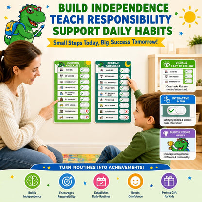 2 in 1 Upgraded Slider Morning/Bedtime Routine Chart for Kids Toddlers - Magnetic Kids Chore Chart for 2 Kids, Dry Erase Chore Chart for Kids, Visual Schedule for Kids with Cute Chore Stickers