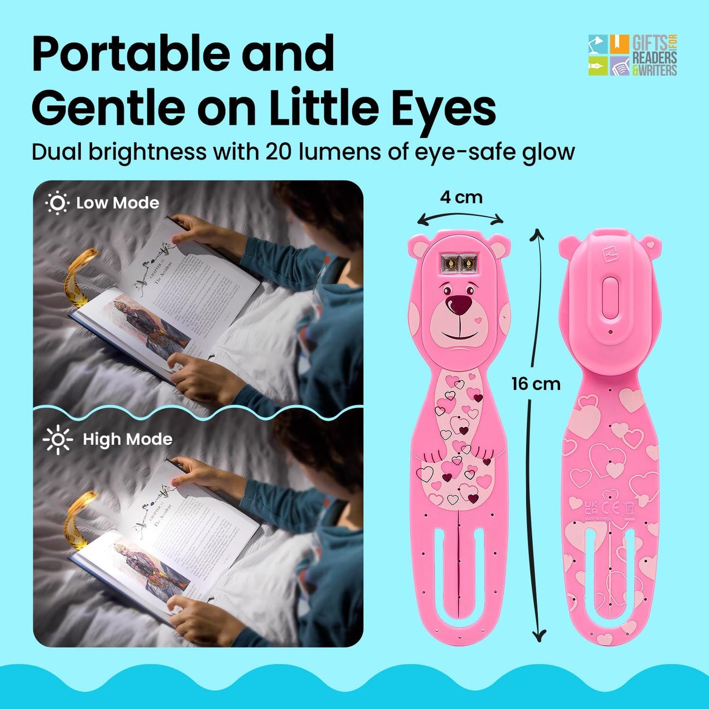 Gifts for Readers & Writers Rechargeable Book Light for Kids, Clip On Reading Light for Bed, 2in1 Flexilight Pals & Bookmark, 12 Hours of Light Once Charged, Includes USB Cable & 2 LED Lights, Dog