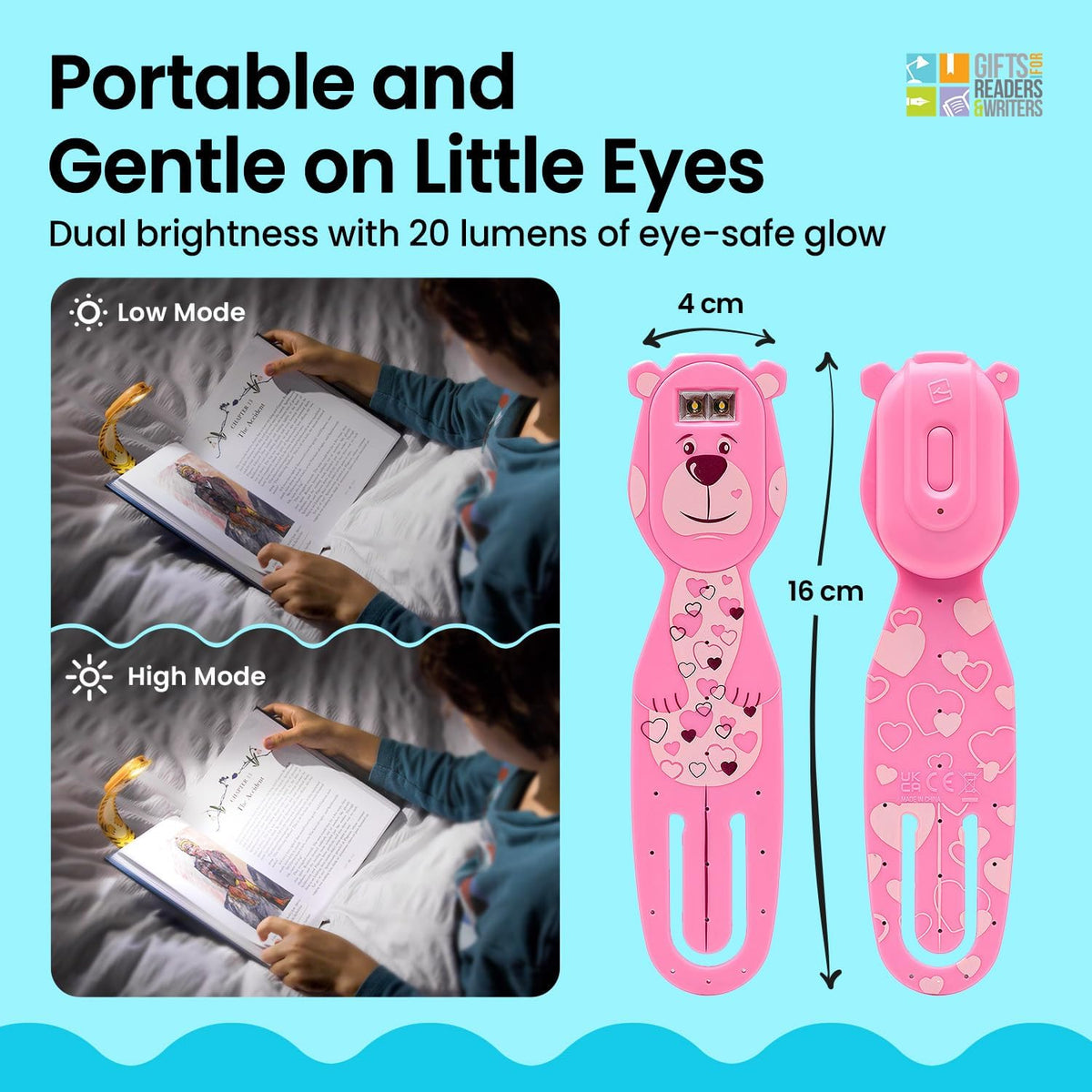 Gifts for Readers & Writers Rechargeable Book Light for Kids, Clip On Reading Light for Bed, 2in1 Flexilight Pals & Bookmark, 12 Hours of Light Once Charged, Includes USB Cable & 2 LED Lights, Dog