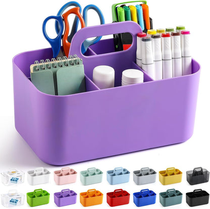 Multiuse Caddy Organizer with Handle, Portable Divided Plastic Tote Bin - Art Craft, Stationary Pen Marker Crayons, Makeup Hair Supplies Storage - Bathroom, Classroom, Dorm, Office, Desk Holder - Grey