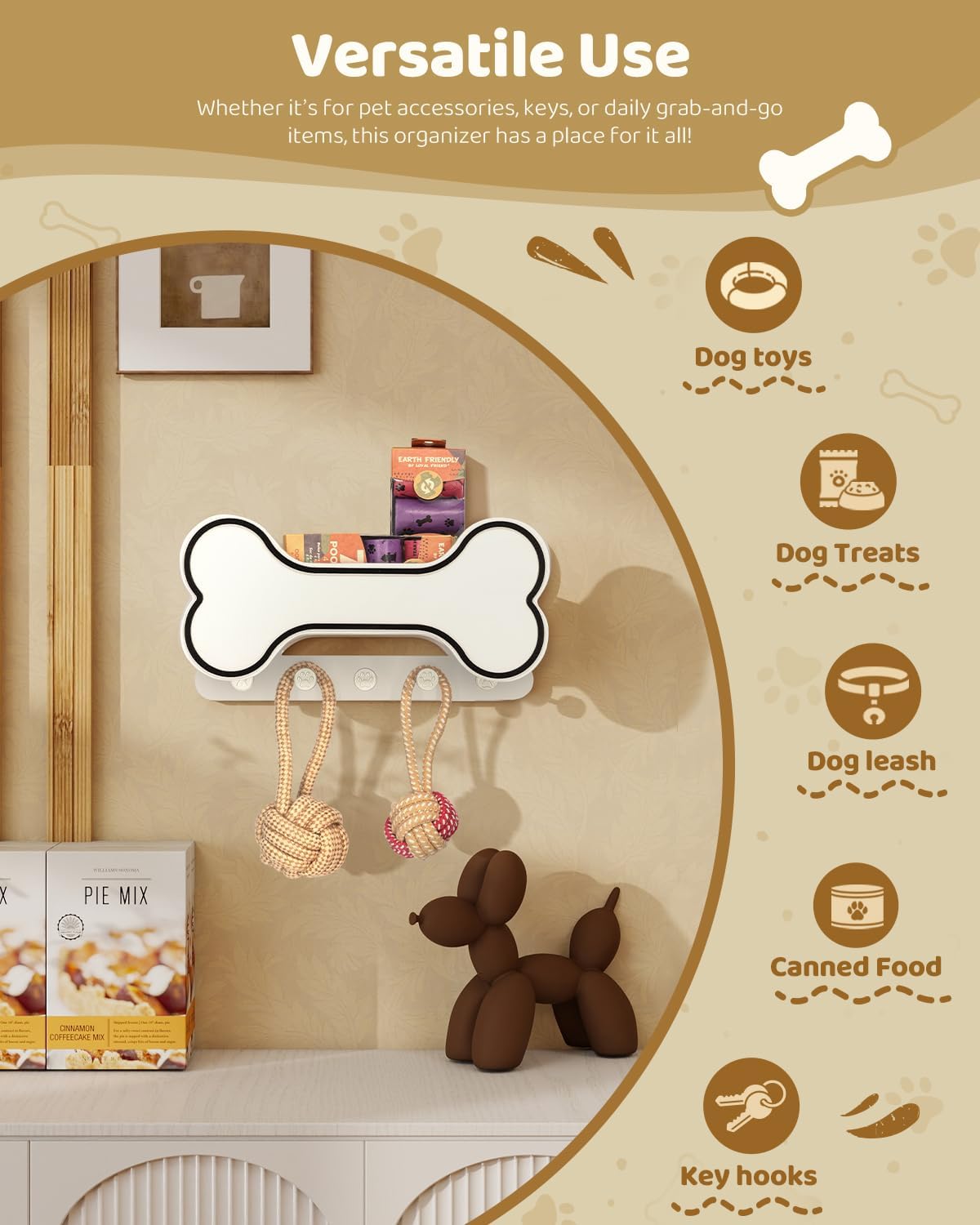 MTERSN Dog Leash Holder for Wall with Key Hooks for Dog Gear Storage, Brown | 3D Puppy Paw Hooks, Doggie Bone Shape, Key Rack with 5 Hooks, Wall Shelf for Treats & Dog Food, Ideal for Wall Decor