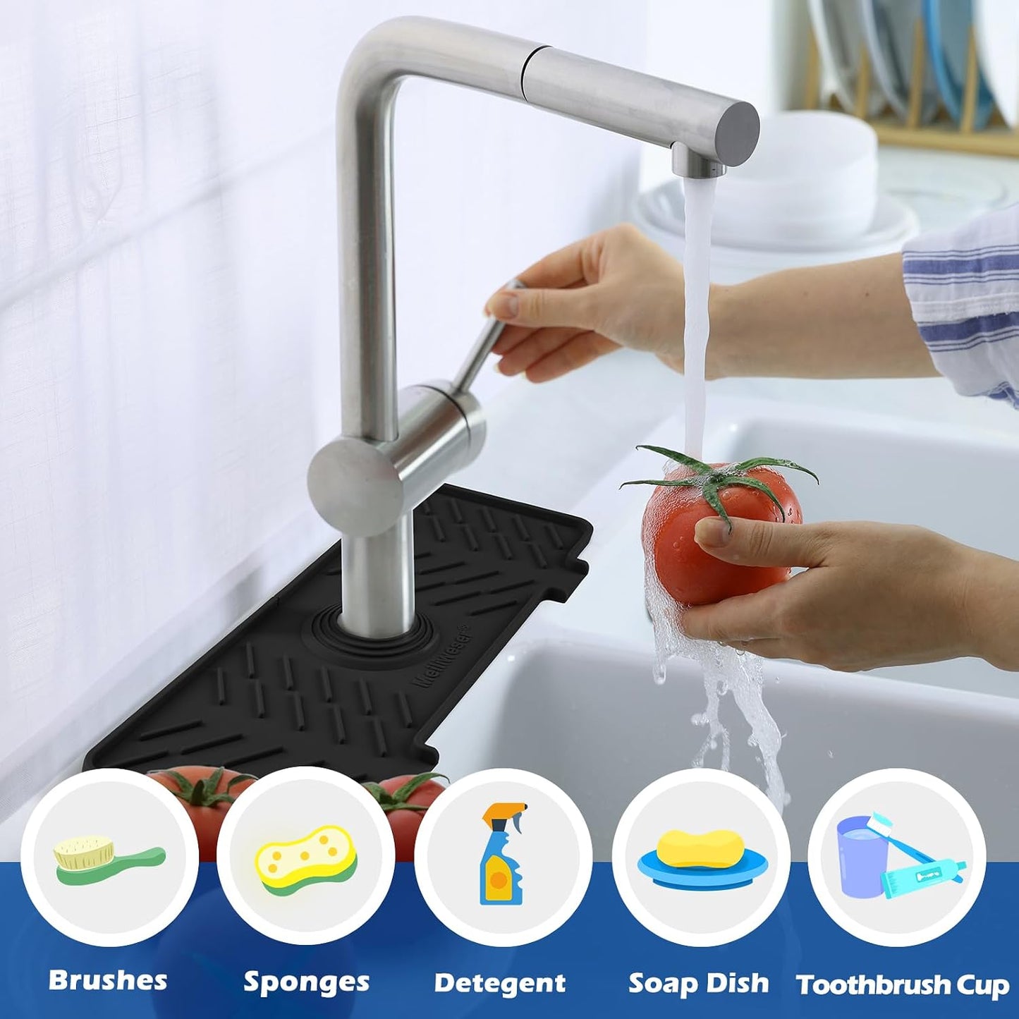 Silicone Faucet Mat for Kitchen Sink – Gen 2 Splash Guard with Upgraded Outlet & Slope – 18” x 5.1” Water Catcher & Sink Sponge Holder for Kitchen and Bathroom (Black)