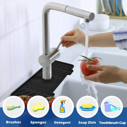 Silicone Faucet Mat for Kitchen Sink – Gen 2 Splash Guard with Upgraded Outlet & Slope – 18” x 5.1” Water Catcher & Sink Sponge Holder for Kitchen and Bathroom (Black)