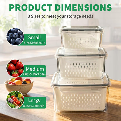 Vegetable Containers for Fridge, Stay Fresh Fruit Vegetable Storage Containers with Lid and Removable Colander, Stackable Vegetable Storage for Berry Salad Lettuce Vegetables Meat Various Food, 3PCS