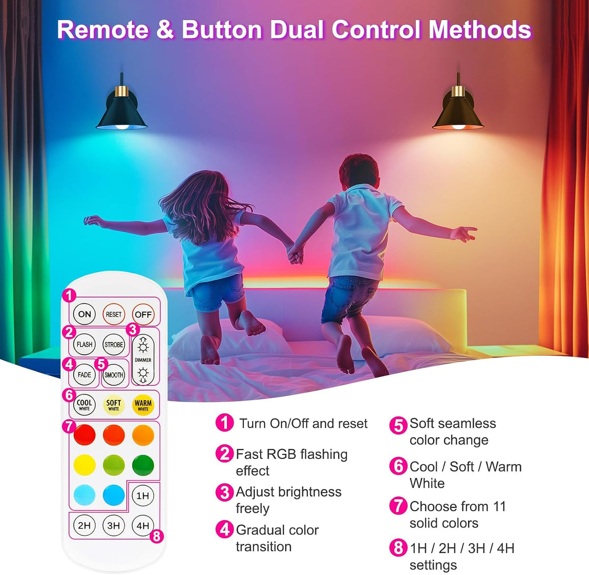 Frideko Rechargeable Wall Sconces Set of Two with Remote, RGB 15 Colors Dimmable Battery Operated Wall Lights for Living Room Bedroom, Indoor Black Wall Lamp with Timer Wireless