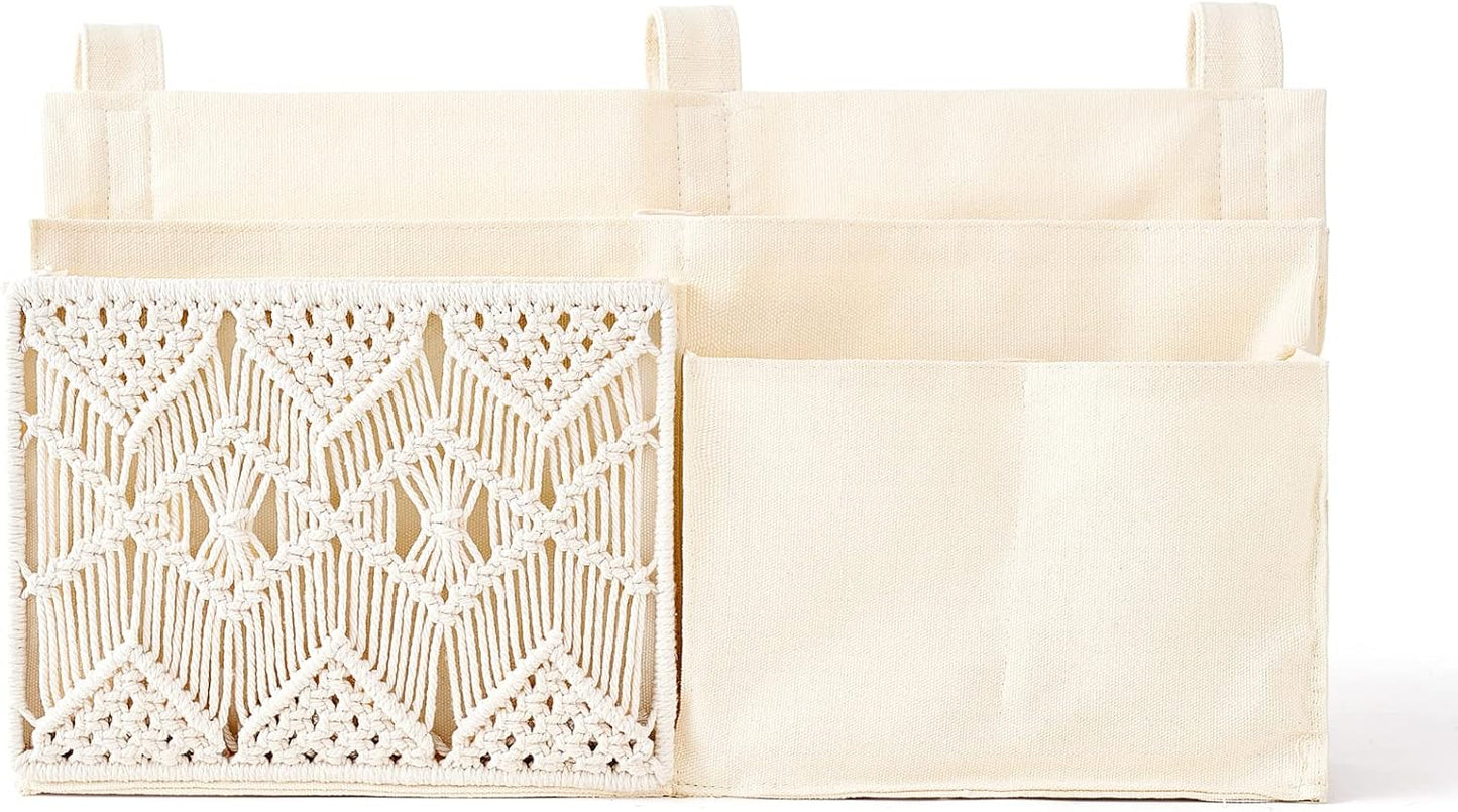 Mkono Bedside Caddy, Macrame Bunk Bed Hanging Organizer, 7 Pockets Ivory | Dorm Room Essentials, Boho Storage Bag, Remote Books Magazines Phone Snacks Drinks Holder, Bedroom Nursery Loft Baby Bed Rail