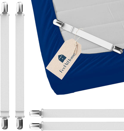 FeelAtHome Adjustable Bed Sheet Clips & Corner Fasteners, 4 Pack, White | Heavy Duty Elastic Straps Keep Fitted Sheets Securely in Place. Ideal Corner Holders for Twin, Queen, King, RV & Bunk Beds