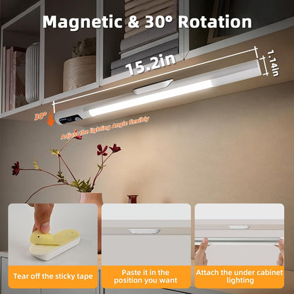 15.2" 2 Pack Motion Sensor Under Cabinet Lighting with Digital Display, 4 Brightness & 3 Color Temperatures, Rechargeable Led Under Cabinet Lights for Closet Cabinet Bedroom Hallway