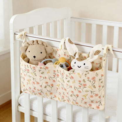 Baby Bedside Hanging Storage Bag Muslin Cotton Teddy Bear, Crib Diaper Caddy Organizer 2 Pockets, Nappy-Dormitory Nursery Organization Holder for Cribs, Playard or Wall Milk Bottle Bib Organizing