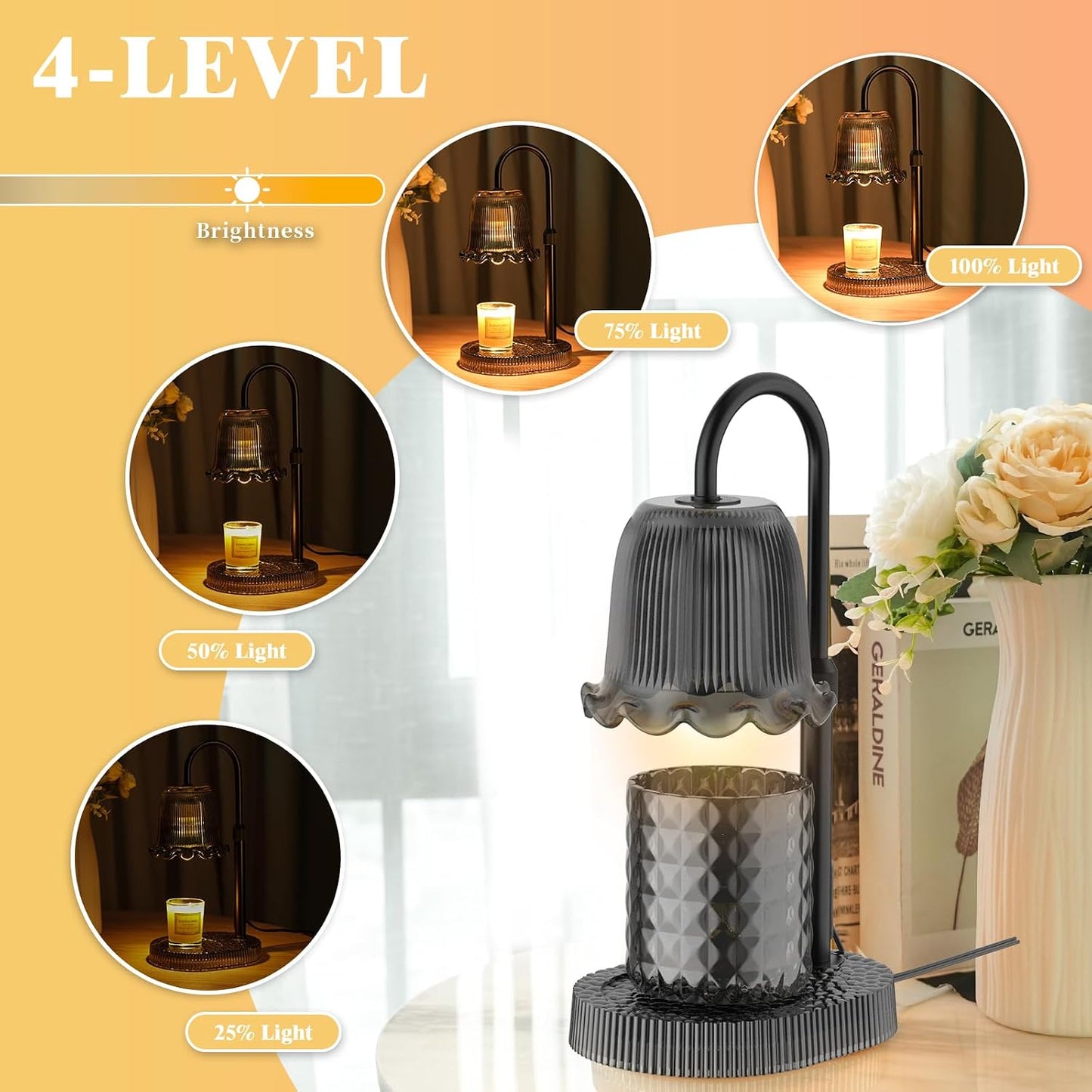 Flower Candle Warmer Lamp, Timer & 4-Level Dimmer, Adjustable Height | Flameless Electric Wax Warmer for Jar Candles, Includes 2 Bulbs, Pink, Home Decor Gift for Mom & Women, Housewarming