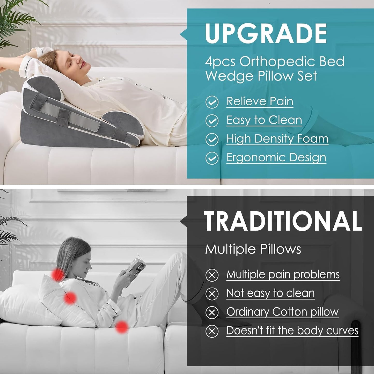 3Pcs Wedge Pillow Set for After Surgery,Acid Reflux Relief, Adjustable Bed Wedge Pillows for Sleeping,Anti Snore, Memory Foam Triangle Pillow for Back&Neck&Shoulder Pain Relief, White&Grey
