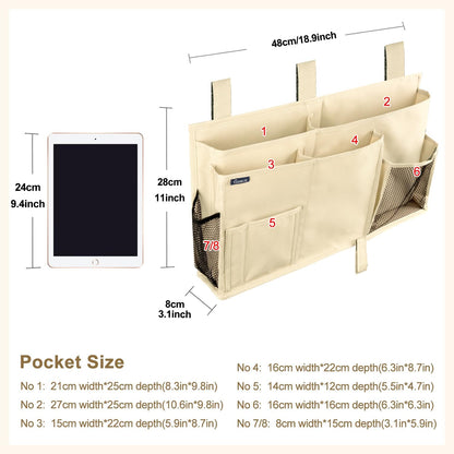Surblue Bedside Caddy Hanging Organizer Storage Bag Pocket for Bunk, Hospital, College Dorm Rooms, Baby Bed Rails, Camp - 4 Pockets, 2 Hooks (Blue)