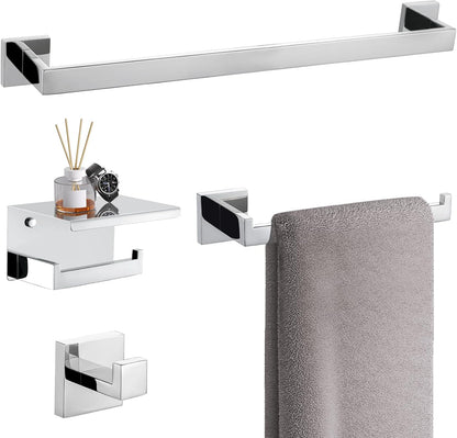 TURS Bathroom Hardware Set Black 4-Piece Towel Bar Set Include 24 Inch Towel Bar Hand Towel Holder Towel Hook Toilet Paper Holder with Shelf Wall Mounted Stainless Steel Bathroom Accessories Set