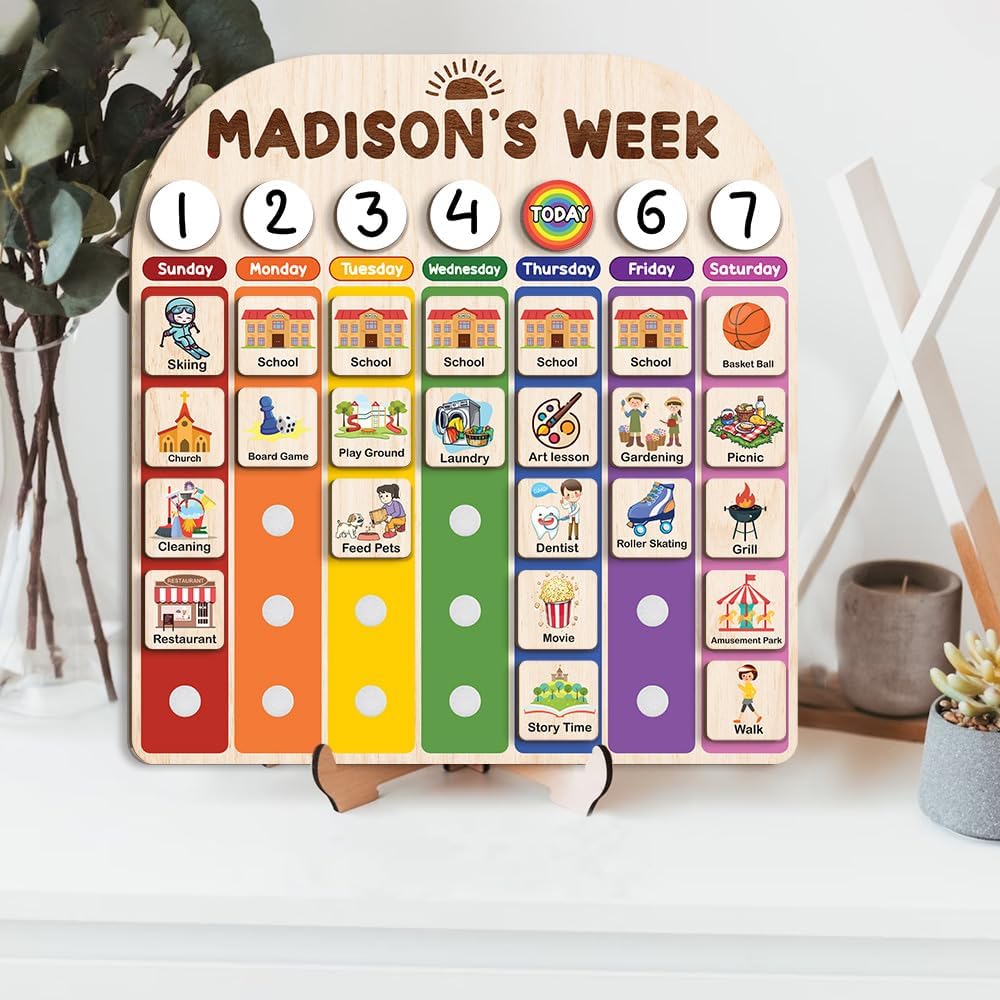 TinyKidz Wooden Daily Routine Chart 11x15, Schedule Board for Kids, Wooden Chore Chart for Kids, Responsibilities Chart for Toddlers, Morning Bedtime Routine for Toddlers