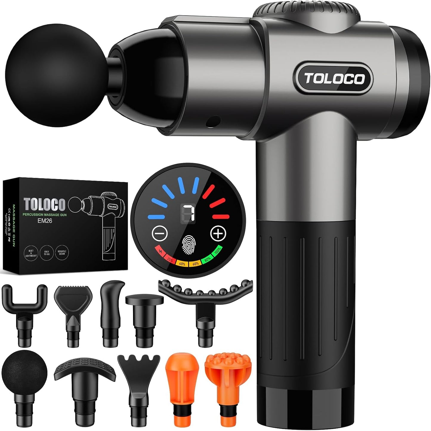 TOLOCO Massage Gun, Deep Tissue Back Massage for Athletes for Pain Relief, Percussion Massager with 10 Massages Heads & Silent Brushless Motor, Relaxation Gifts for Men Women, Black