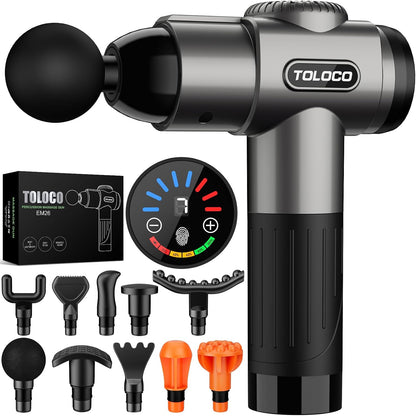 TOLOCO Massage Gun, Deep Tissue Back Massage for Athletes for Pain Relief, Percussion Massager with 10 Massages Heads & Silent Brushless Motor, Relaxation Gifts for Men Women, Black
