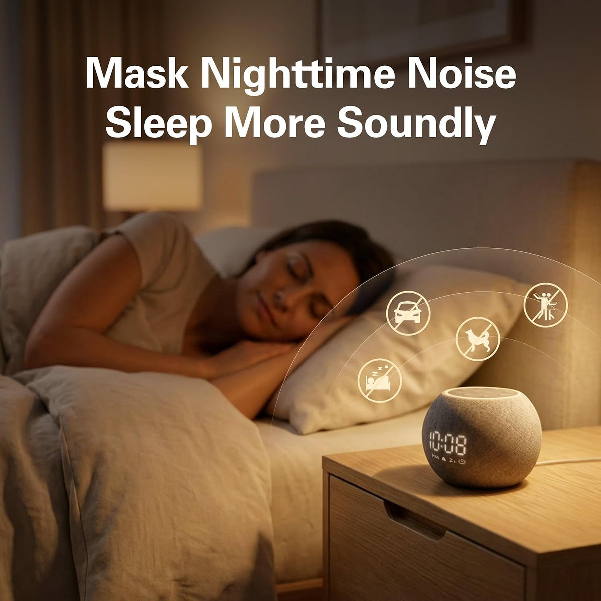 Zarler Sound Machine Alarm Clocks for Bedrooms, White Noise Machine 25 Soothing Sounds for Light Sleepers, 7 Gentle Alarms for Wake Up, 0-100% Dimmable Display, Warm Night Light, 4H Auto-Off Timer