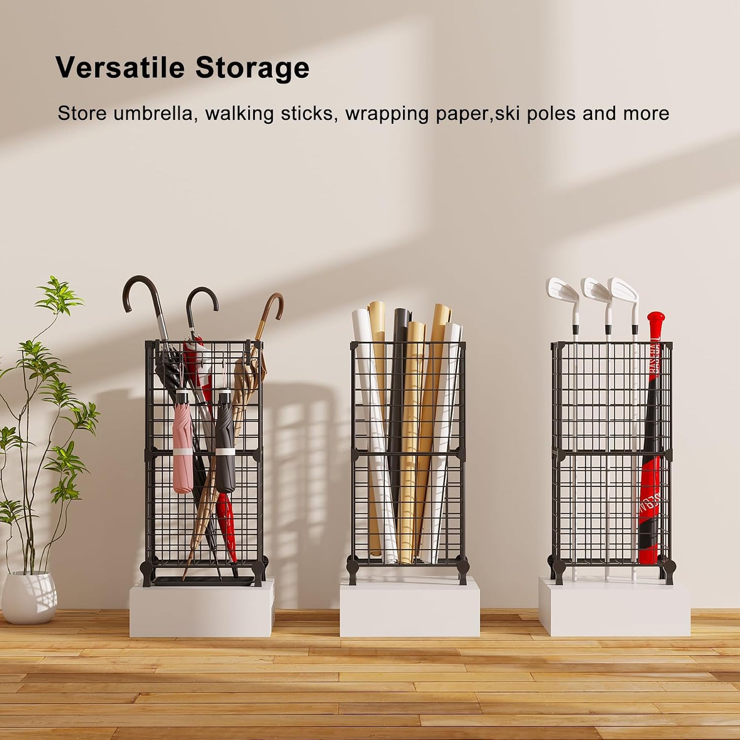 AWTATOS Umbrella Holder Entryway, Umbrella Stand Freestanding, Black | Metal Square Umbrella Rack Organizer with a Removable Drip Tray, Hooks