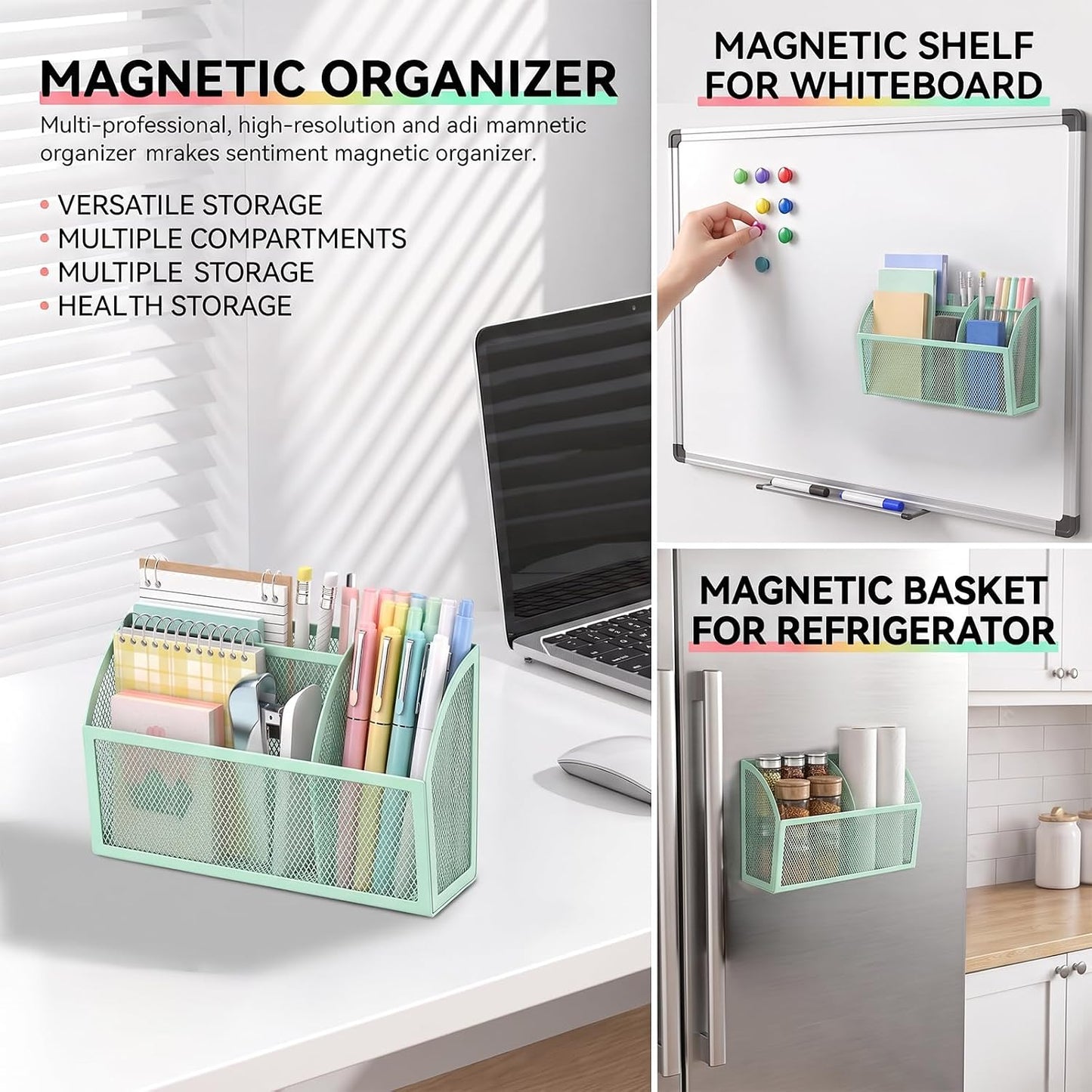 Magnetic Pencil Holder, Magnetic Organizer for Locker Accessories, Black | Mesh Marker Holder with Strong Magnets and 3 Compartments for Whiteboards Refrigerators and Magnetic Lockers