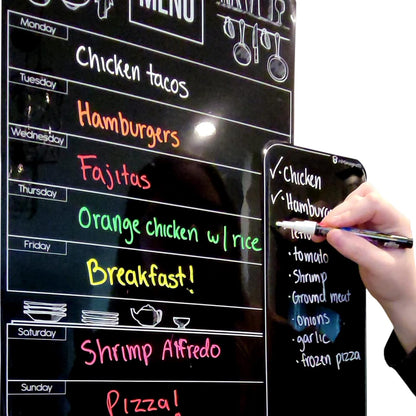 Cute 10"x16" Magnetic Dry-Erase Weekly Menu Blackboard for Kitchen Fridge (with 8 Bright Chalk Markers) & Free Bonus - Grocery/to-Do Lists Board - Daily Dinner Meal Planner Set for Home
