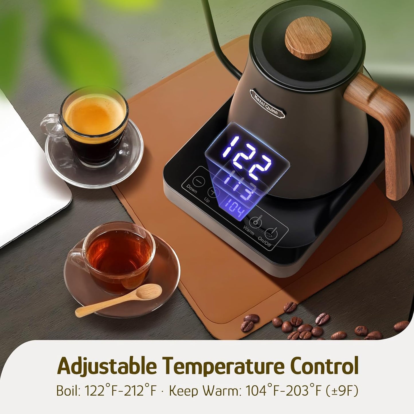 Hazel Quinn Gooseneck Electric Kettle 0.8 L, Temp Control, Keep Warm, Black | 304 stainless steel, 0.8L, 1000W fast boil, precise temp control, 4-hour keep warm; ideal for coffee, tea and home baristas