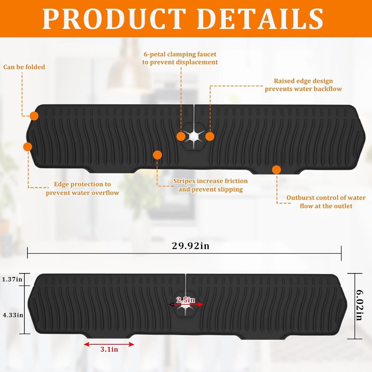 30 Inch Sink Splash Guard,Longer Silicone Sink Mat for Kitchen Bathroom,Kitchen Faucet,Silicone Sink Faucet Mat Splash Guard, Drip Protector Splash Countertop (Grey)