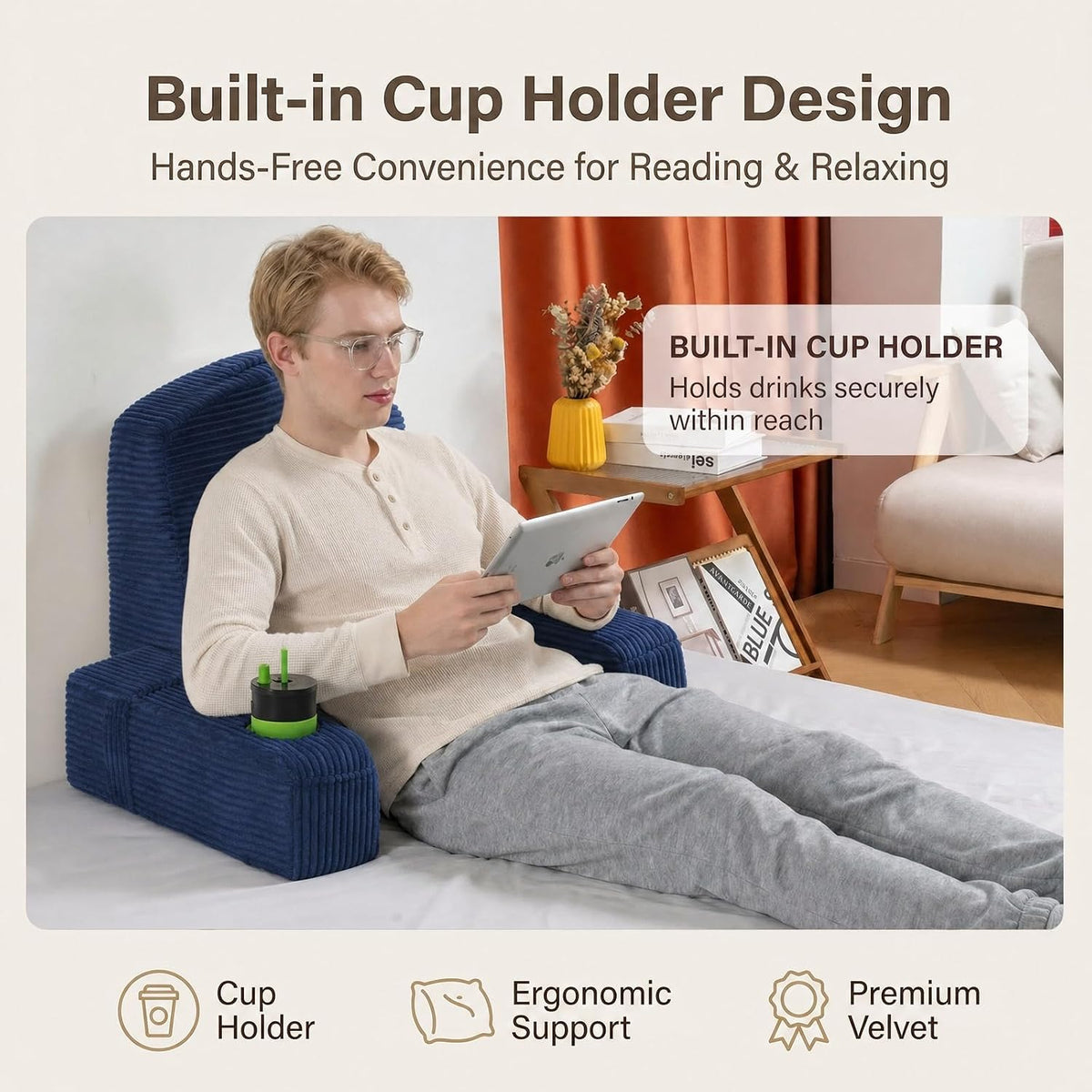 21 INCH Reading Pillow for Adults, Back Pillow for Bed Sitting Up, Backrest Pillow for Sitting in Bed, Detachable Arms with Built-in Cup & Phone Caddy (Gray, 21 INCH)