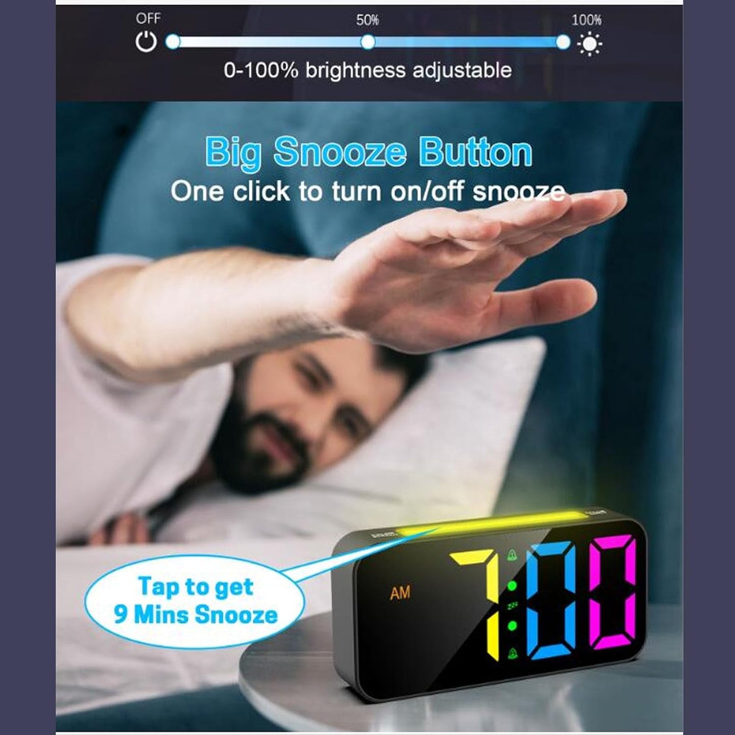 ciciglow RGB Loud Alarm Clock with Bed Shaker for Heavy Sleeper, 3 Modes Vibrating Alarm Clock, 7.4 Inch LED Display, 12/24H, Snooze, Brightness Adjustable