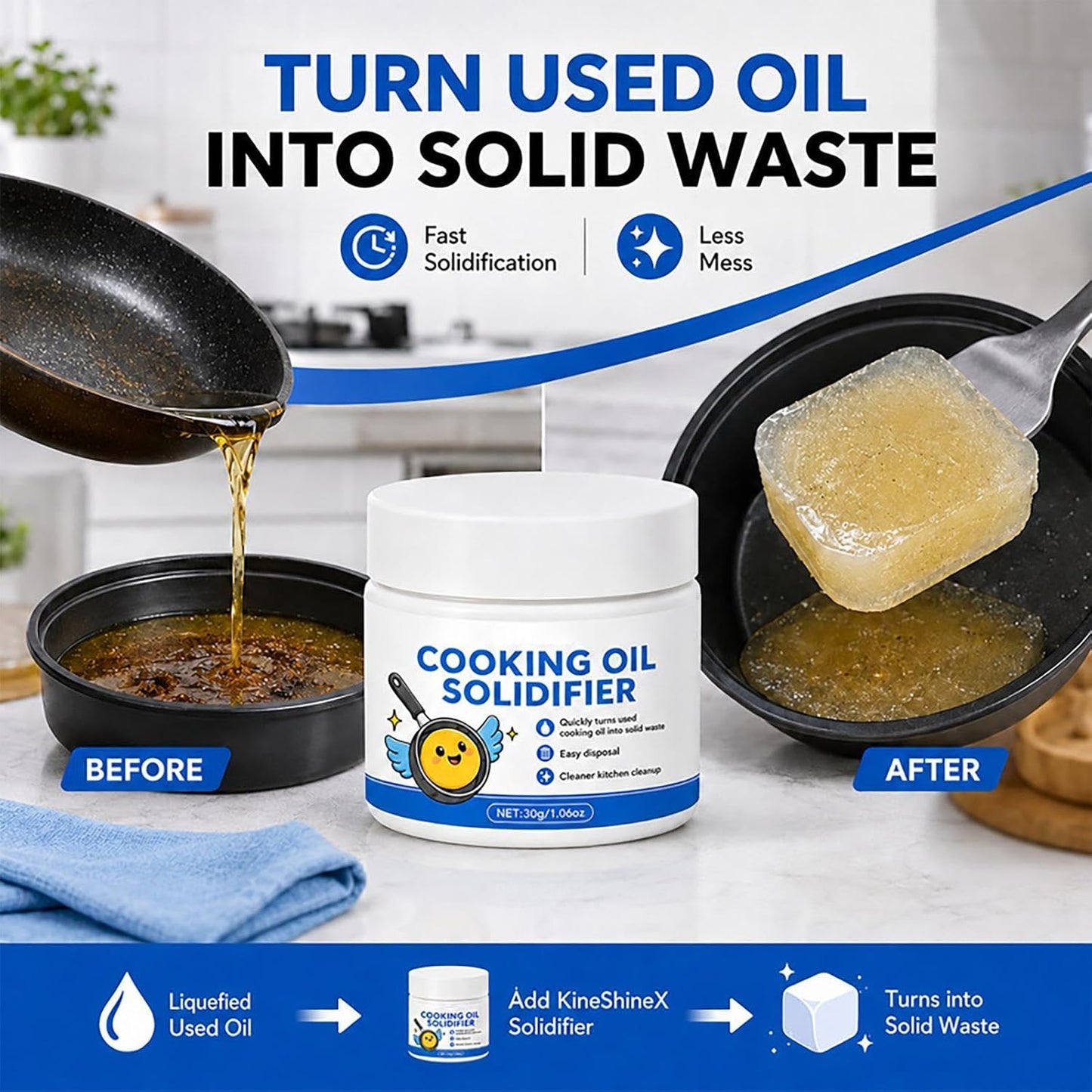 Natural Oil Solidifier Powder 30ml Fast Acting Kitchen Grease Remover Aid | Solidifies Used Frying Oil for Easy Disposal, Ideal for Deep Fryer, Pan, Grill, Oven, Stove, Restaurant & Household Kitchens