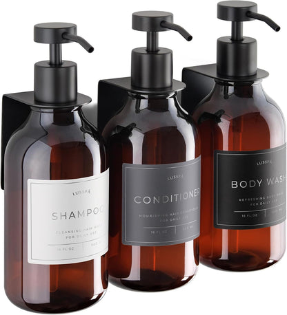 Shower Shampoo Dispenser Wall Mounted – 3 Refillable 16.9 oz Clear Bottles with Stainless Steel Pumps & No-Drill Adhesive Holders – Soap Dispenser Set for Bathroom (3 X Clear/Silver)