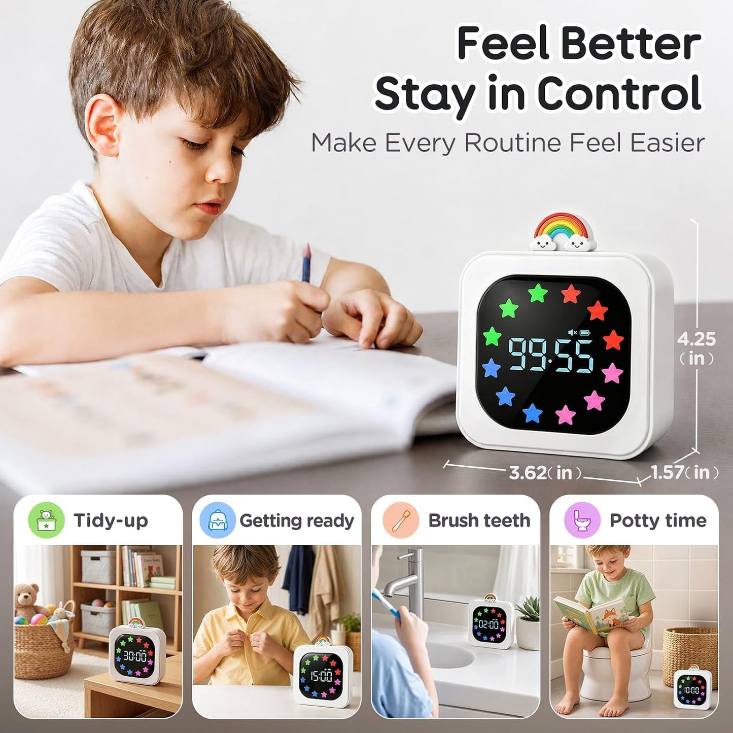 Digital Visual Timer for Kids with 12-Star Rainbow Display & 9 Color Modes | 99-Minute Count-Up & Countdown Timer with Silent Mode & Pause for Classroom, Home, Kitchen, Rechargeable, White