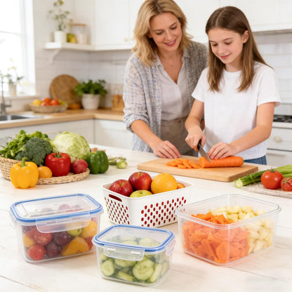 3PCS Fruit Storage Containers, Fruit Storage Containers With Lid And Colander, Household Transparent Plastic Food Storages Box-Including Drain Basket, Multipurpose Large For Fridge