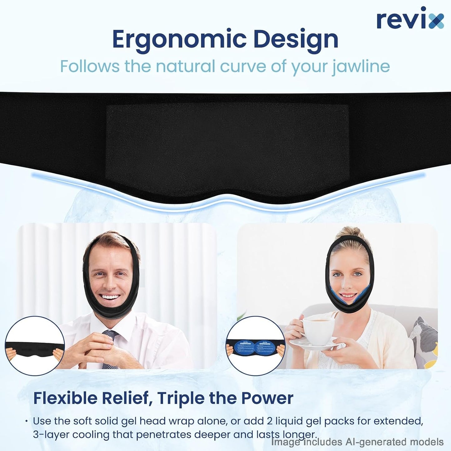 REVIX Wisdom Teeth Ice Pack Head Wrap with 3-Layer Gel Cooling, 30-Min Long-Lasting Face Ice Pack for Oral Care Recovery & Facial Puffiness, Jaw Relief, 3D Ice Wrap with 2 Hot Cold Gel Packs Reusable
