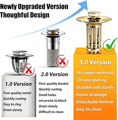 Anlige Bathroom Sink Drain Strainer, 3 in 1 Pop Up Bathroom Sink Stopper with Removable Brass Basket Hair Catcher, Universal Sink Plug for 1.06 to 1.6in Drain Hole, Chrome Silver