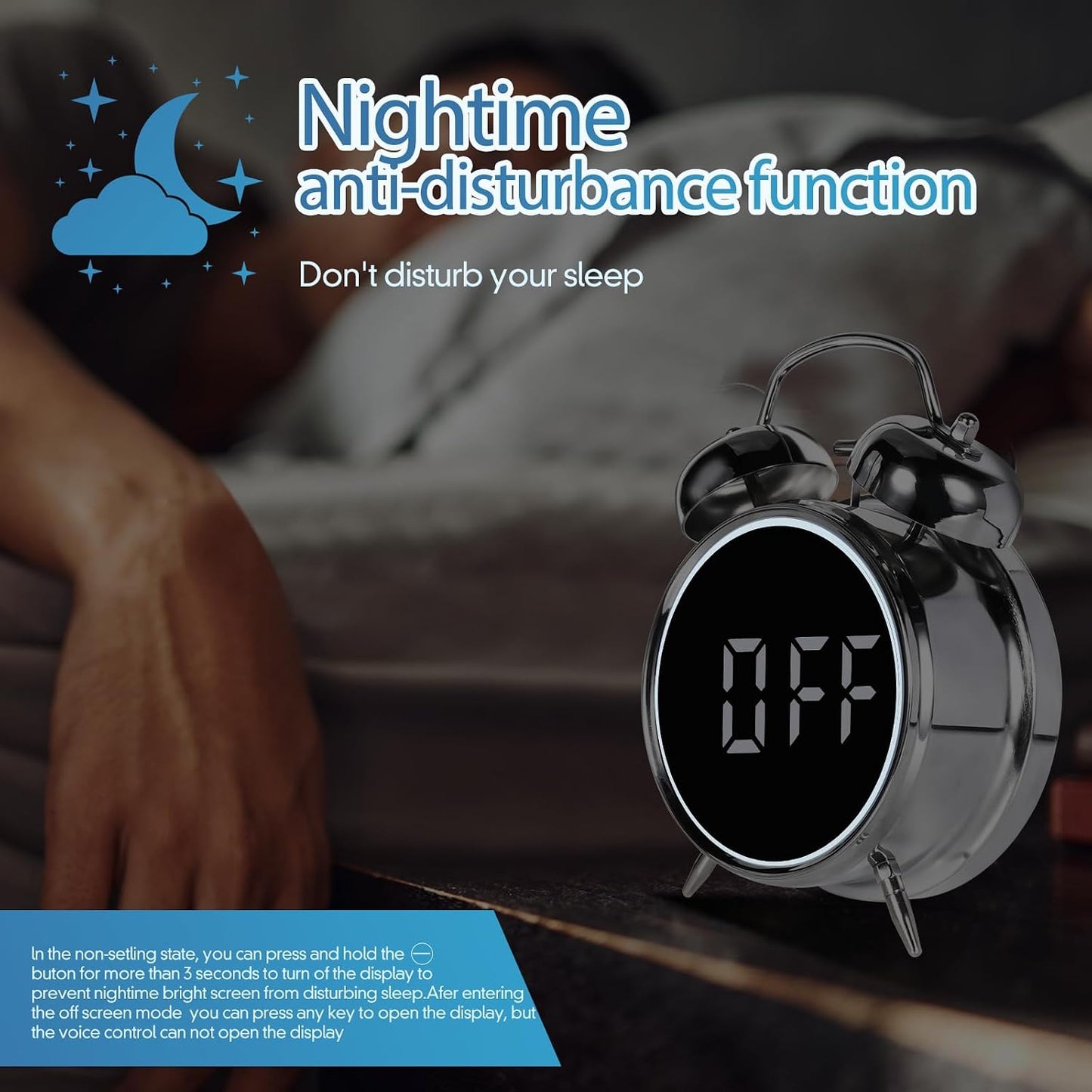 Loud Alarm Clock for Heavy Sleepers Adults, Teens,Kids,Retro Metal Twin Bell 4 Inch,Large Big Numbers Display with Backlight, Small Bedside Digital Clock for Bedrooms (Silvery)
