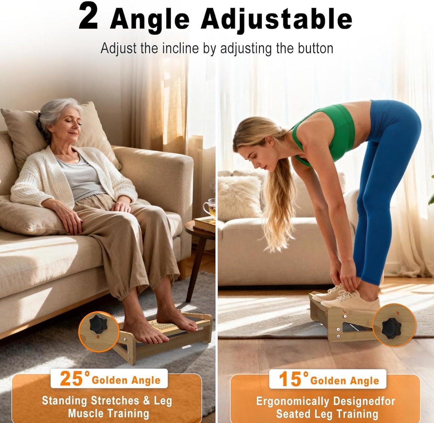 Slant Board for Calf Stretching with Foot Massage Roller | Calf Stretcher for Exercise, Portable Adjustable Bamboo Incline Slantboard for Ankle Knees Leg Physical Therapy Equipment