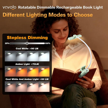 VAVOFO Rechargeable Book Light Rotatable：24 LEDs Reading Light, 3-Color & 9-Brightness Book Lamp, Eye Cared 120Hrs Runtime Lightweight Clip on Led Light for Book Lovers (Black)