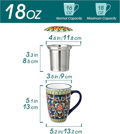 vancasso Ceramic Tea Mug with Infuser and Lid, 18 Ounce Bohemian Loose Leaf Cup, Microwave & Dishwasher Safe, Perfect for Tea, Coffee, Burnt-Cobalt Mandala