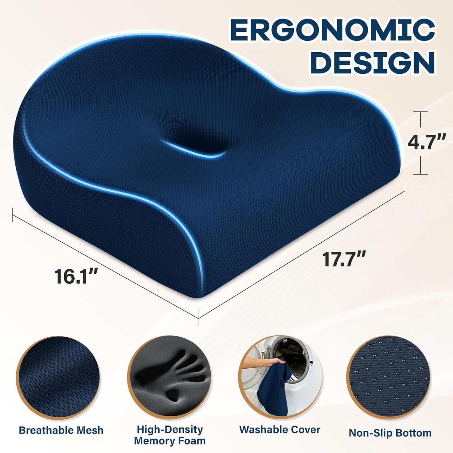 Ergonomic Memory Foam Seat Cushion for Office Chair, Black | Wheelchair Cushions for Tailbone, Hip, Sciatica Support, Soft & Breathable, Chair Pad for Long Sitting, Driving