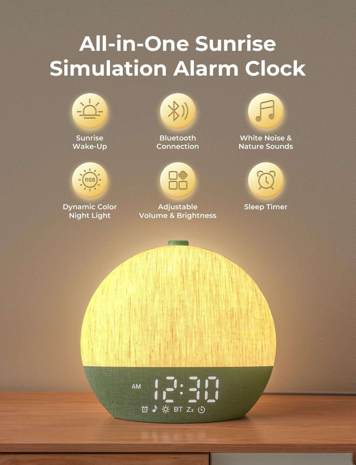 LIORQUE Wake Up Light Sunrise Alarm Clock for Bedrooms with BT Speaker